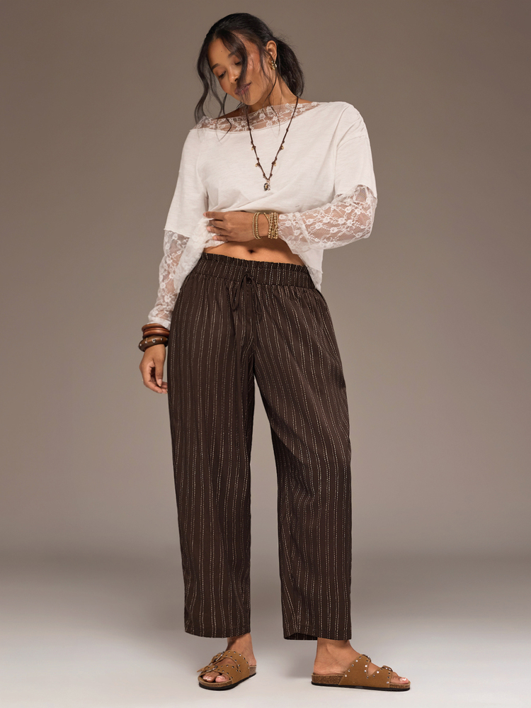 SHEIN VCAY Women's Plus Size Brown Striped Straight Leg Pants, Elastic Waist Tie Long Pants, Elegant Daily Commute Outfit, Autumn/Winter Women's Clothing Fall - Brown - View 4