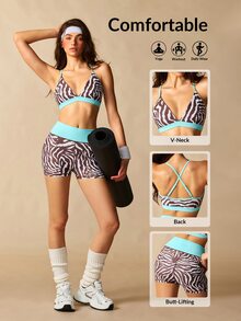 VARSIVA Women's Zebra Print Bra And Shorts Sports Activewear Set - Brown - View 12