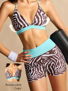 VARSIVA Women's Zebra Print Bra And Shorts Sports Activewear Set - Brown - View 5