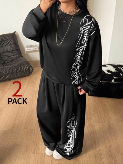 Coolane Setelan Wanita Ukuran Besar Musim Dingin/Gugur Streetwear Kasual Hippie Preppy Grunge Punk Goth Grafis Kaos Lengan Panjang Hitam dan Celana Jogging Kaki Lebar Dua Potong