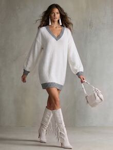 Solivie Gaun Sweater Wanita Model V-Neck Warna-Blok untuk Musim Gugur - Putih - View 6