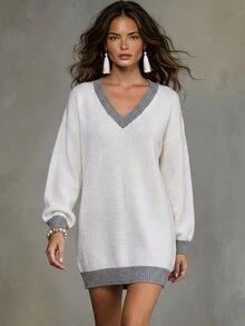 Solivie Gaun Sweater Wanita Model V-Neck Warna-Blok untuk Musim Gugur - Putih - View 5