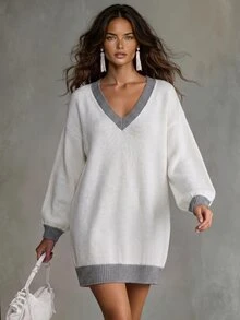 Solivie Gaun Sweater Wanita Model V-Neck Warna-Blok untuk Musim Gugur - Putih - View 10