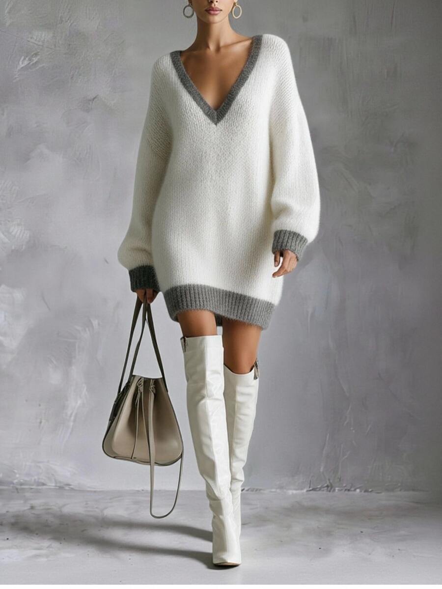 Solivie Gaun Sweater Wanita Model V-Neck Warna-Blok untuk Musim Gugur - Putih - View 1