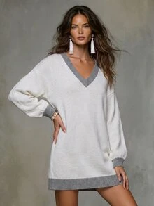 Solivie Gaun Sweater Wanita Model V-Neck Warna-Blok untuk Musim Gugur - Putih - View 4