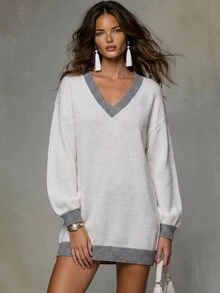 Solivie Gaun Sweater Wanita Model V-Neck Warna-Blok untuk Musim Gugur - Putih - View 3