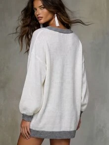 Solivie Gaun Sweater Wanita Model V-Neck Warna-Blok untuk Musim Gugur - Putih - View 11