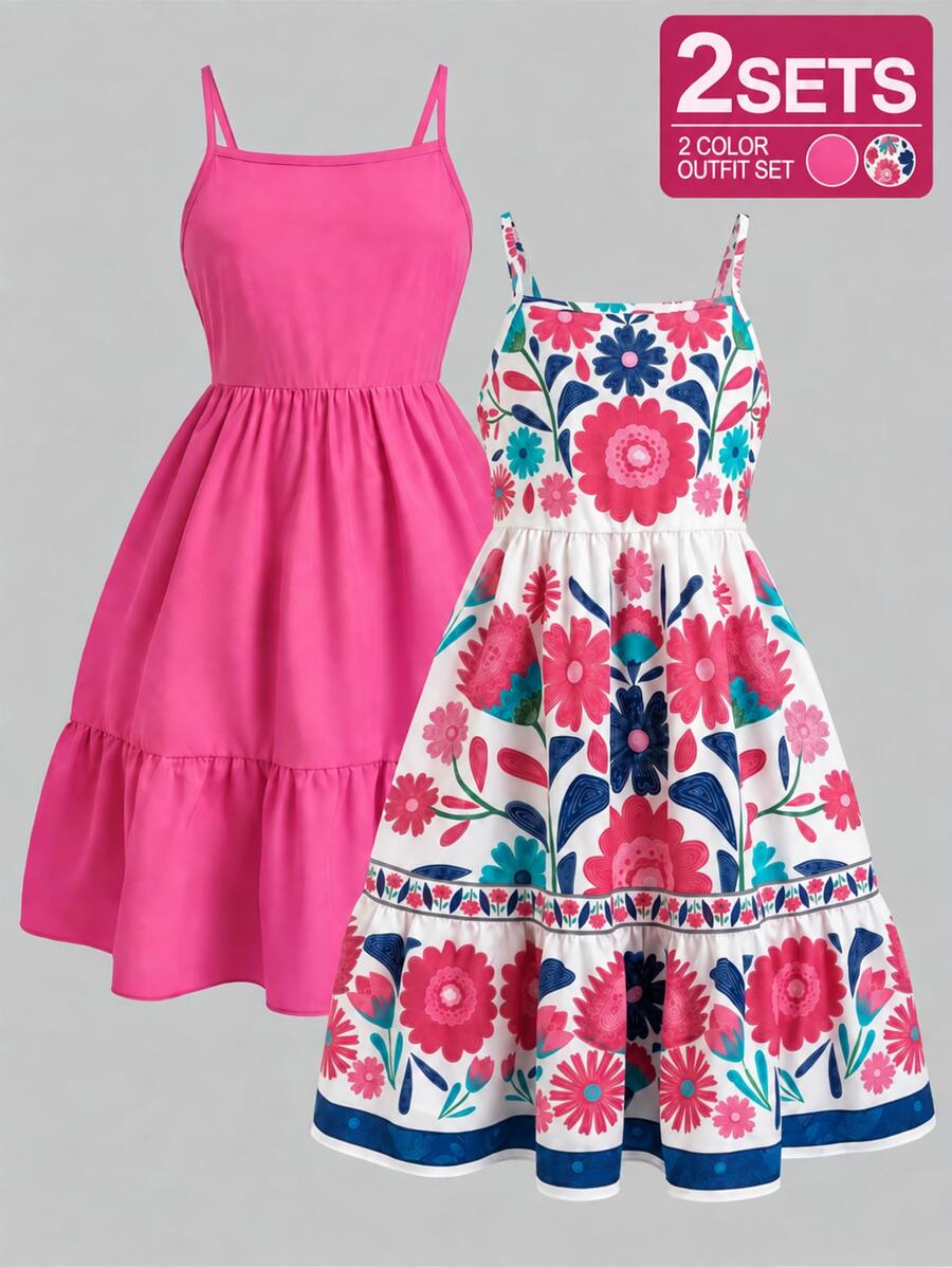 SHEIN Tween Girls Spaghetti Strap Mini Dress, Slim Fit Waist, Ruffle Hem, Floral Print, Trim Daily Wear, Travel, Photography, Casual, Vacation, Outfit - Hot Pink - View 1