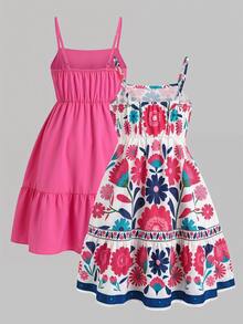 SHEIN Tween Girls Spaghetti Strap Mini Dress, Slim Fit Waist, Ruffle Hem, Floral Print, Trim Daily Wear, Travel, Photography, Casual, Vacation, Outfit - Hot Pink - View 2