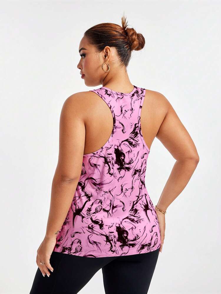Easithlete Plus Size Summer Casual Curved Hem Allover Print Sports Tank Top - Baby Pink - View 2
