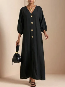 Vesra Women's Black V-Neck Loose Drape Metal Decor Maxi Dress - Black - View 6