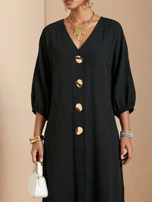 Vesra Women's Black V-Neck Loose Drape Metal Decor Maxi Dress - Black - View 5