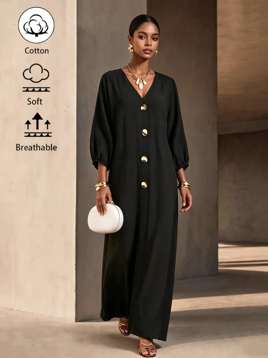 Vesra Women's Black V-Neck Loose Drape Metal Decor Maxi Dress - Black - View 1
