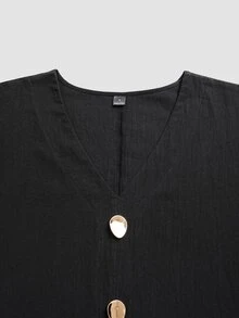 Vesra Women's Black V-Neck Loose Drape Metal Decor Maxi Dress - Black - View 7