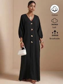 Vesra Women's Black V-Neck Loose Drape Metal Decor Maxi Dress - Black - View 4