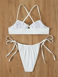 SHEIN Swim Summer Beach Mono Bikini Set Knot Front Push Up Bra Top & Tie Side Bikini Bottom 2 Piece Bathing Suit - White - View 2