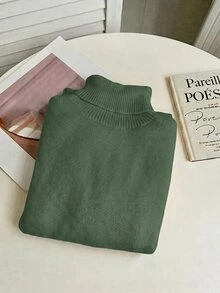 Franclia كنزة صوفية محبوكة بطبقة داخلية بأكمام طويلة بقصة ضيقة وذات رقبة عالية من الفليس السميك، متعددة الاستخدامات وسهلة التنسيق، موضة أوروبية وأمريكية للخريف والشتاء - أخضر - مشاهدة 5