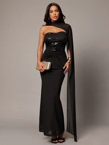 Silquee Women's Sequin Ruched Elegant Waist-Cinching Party Dress - Black - View 5