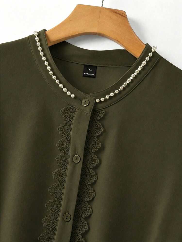 GlowEve CURVE Plus Size Women's Solid Color Short Sleeve Lace Pearl Decor Button Placket Shirt Teachers' Day Formal Party Army Green Summer Elegant - Army Green - View 4