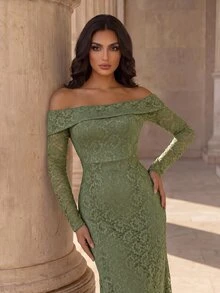 Coutiva Gaun Malam Formal Elegan Wanita Lengan Panjang Tanpa Bahu dengan Hiasan Renda dan Potongan Duyung (Desain Rumit) - Hijau - View 10