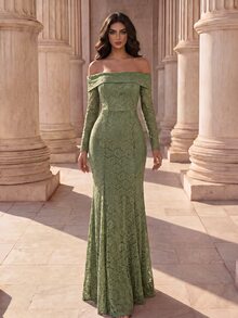 Coutiva Gaun Malam Formal Elegan Wanita Lengan Panjang Tanpa Bahu dengan Hiasan Renda dan Potongan Duyung (Desain Rumit) - Hijau - View 12