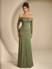 Coutiva Gaun Malam Formal Elegan Wanita Lengan Panjang Tanpa Bahu dengan Hiasan Renda dan Potongan Duyung (Desain Rumit) - Hijau - View 8