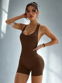 Slayform Slayform Women's Solid Color Back Criss-Cross Sleeveless Athletic Romper - Brown - View 4