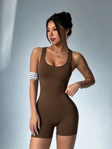 Slayform Slayform Women's Solid Color Back Criss-Cross Sleeveless Athletic Romper - Brown - View 2