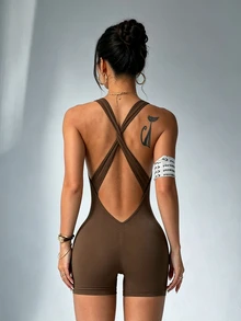 Slayform Slayform Women's Solid Color Back Criss-Cross Sleeveless Athletic Romper - Brown - View 3