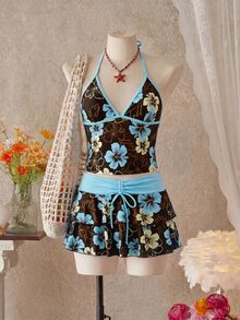 Bellisia Women's Spring/Summer Beach Music Festival Floral Print Colorblock Halter Tie-Up Ruffle Skirt Tankini 3-Piece Set - Multicolor - View 1