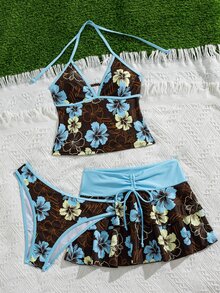 Bellisia Women's Spring/Summer Beach Music Festival Floral Print Colorblock Halter Tie-Up Ruffle Skirt Tankini 3-Piece Set - Multicolor - View 4