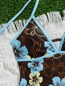 Bellisia Women's Spring/Summer Beach Music Festival Floral Print Colorblock Halter Tie-Up Ruffle Skirt Tankini 3-Piece Set - Multicolor - View 3