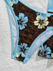 Bellisia Women's Spring/Summer Beach Music Festival Floral Print Colorblock Halter Tie-Up Ruffle Skirt Tankini 3-Piece Set - Multicolor - View 5
