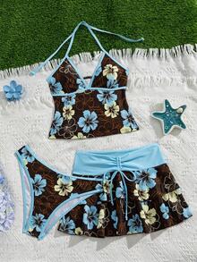 Bellisia Women's Spring/Summer Beach Music Festival Floral Print Colorblock Halter Tie-Up Ruffle Skirt Tankini 3-Piece Set - Multicolor - View 6