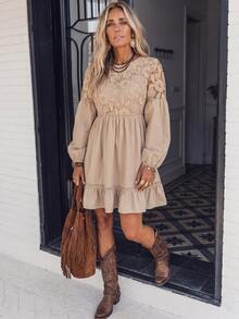 LanaWest Women's Early Autumn Hollow Lace A-Line Ruffle Hem Dress Country Music - Khaki - View 5