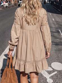 LanaWest Women's Early Autumn Hollow Lace A-Line Ruffle Hem Dress Country Music - Khaki - View 2