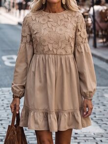 LanaWest Women's Early Autumn Hollow Lace A-Line Ruffle Hem Dress Country Music - Khaki - View 6