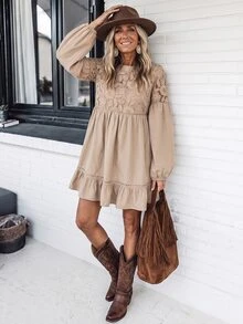 LanaWest Women's Early Autumn Hollow Lace A-Line Ruffle Hem Dress Country Music - Khaki - View 4