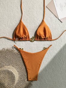 SHEIN Swim 女士纯色时尚性感比基尼套装夏季 - 鏽棕色 - 查看 2