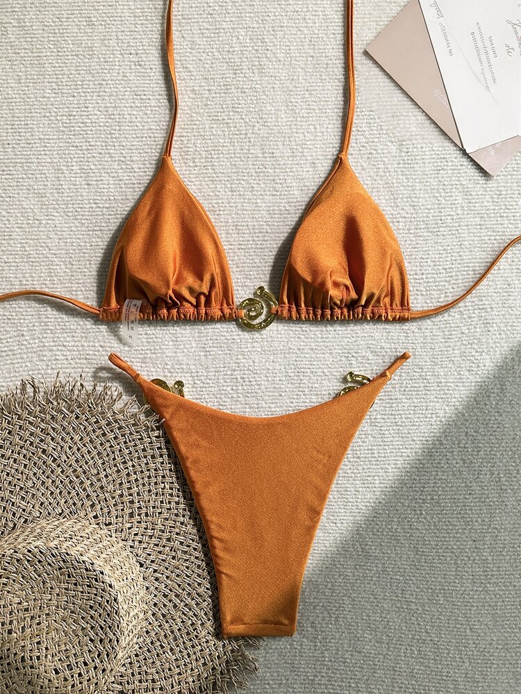 SHEIN Swim Women Plain Fashionable Sexy Bikini Set Summer - Rust Brown - View 2