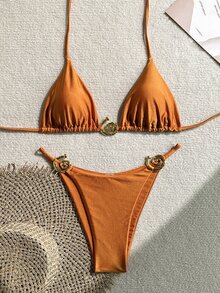 SHEIN Swim 女士纯色时尚性感比基尼套装夏季 - 鏽棕色 - 查看 1