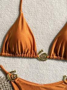 SHEIN Swim 女士纯色时尚性感比基尼套装夏季 - 鏽棕色 - 查看 3