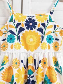 SHEIN Tween Girls Spaghetti Strap Mini Dress, Slim Fit Waist, Ruffle Hem, Floral Print, Trim Daily Wear, Travel, Photography, Casual, Vacation, Outfit - Yellow - View 5