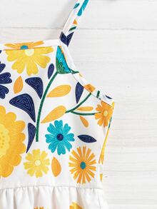 SHEIN Tween Girls Spaghetti Strap Mini Dress, Slim Fit Waist, Ruffle Hem, Floral Print, Trim Daily Wear, Travel, Photography, Casual, Vacation, Outfit - Yellow - View 4