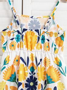 SHEIN Tween Girls Spaghetti Strap Mini Dress, Slim Fit Waist, Ruffle Hem, Floral Print, Trim Daily Wear, Travel, Photography, Casual, Vacation, Outfit - Yellow - View 3
