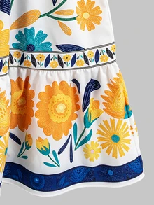 SHEIN Tween Girls Spaghetti Strap Mini Dress, Slim Fit Waist, Ruffle Hem, Floral Print, Trim Daily Wear, Travel, Photography, Casual, Vacation, Outfit - Yellow - View 7