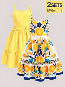 SHEIN Tween Girls Spaghetti Strap Mini Dress, Slim Fit Waist, Ruffle Hem, Floral Print, Trim Daily Wear, Travel, Photography, Casual, Vacation, Outfit - Yellow - View 6