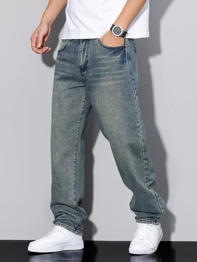 QuarKem Men's Vintage Washed Loose Wide Leg Denim Jeans, Casual Non-Stretch Faded Effect Denim Pants