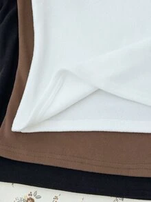 SHEIN 兒童青少年女孩秋冬新款休閒極簡舒適針織抓絨純色方領長袖T恤 3件/套 - 彩色 - 查看 6