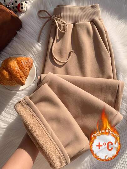 Comfortcana Plus Size Women's Casual Elegant Thermal Lined Long Sweatpants, Autumn/Winter Formal Home Wear Brown